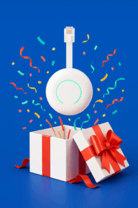 Door AI gemaakte afbeelding van een witte P1 meter die uit een witte kadodoos met rood lint komt, voor een blauwe achtergrond.